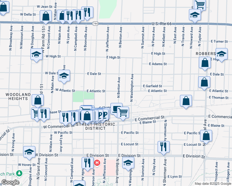 map of restaurants, bars, coffee shops, grocery stores, and more near 1937 North Benton Avenue in Springfield
