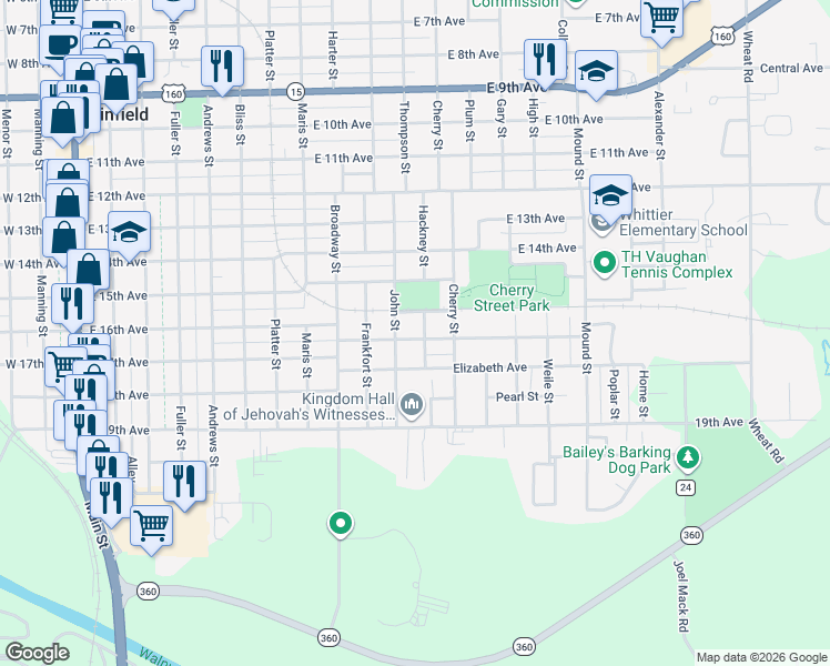 map of restaurants, bars, coffee shops, grocery stores, and more near 1116 Ann Street in Winfield