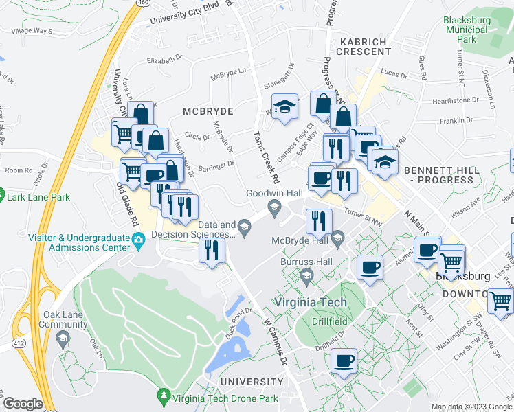 map of restaurants, bars, coffee shops, grocery stores, and more near 602 McBryde Drive in Blacksburg