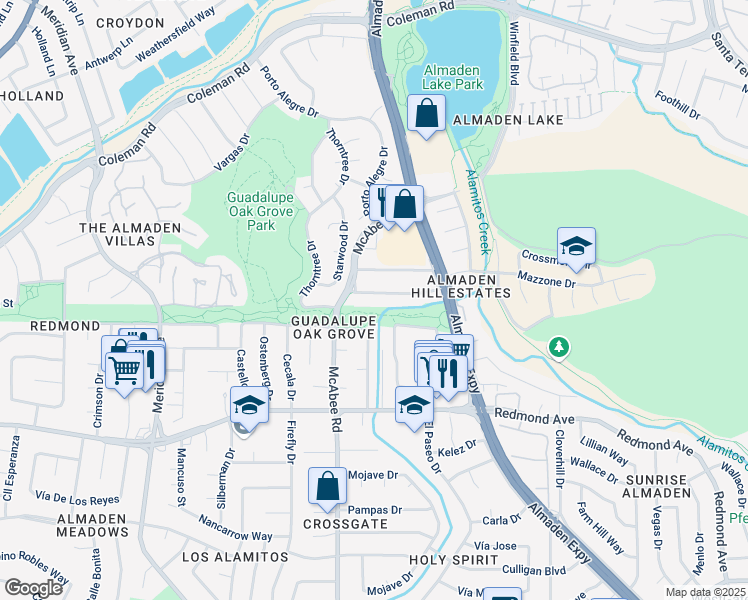 map of restaurants, bars, coffee shops, grocery stores, and more near 1164 Rhinecastle Way in San Jose