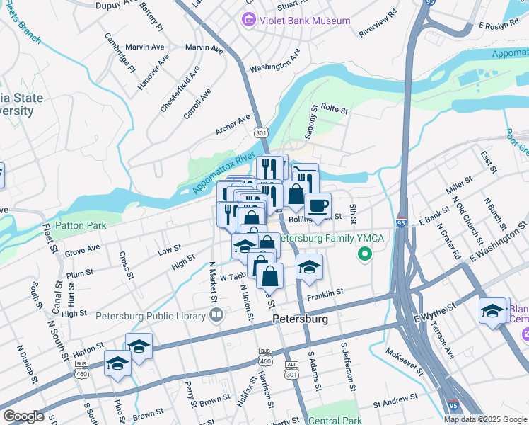 map of restaurants, bars, coffee shops, grocery stores, and more near 410 Cockade Alley in Petersburg