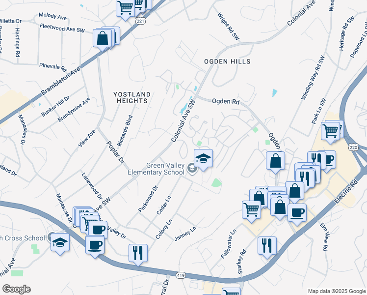 map of restaurants, bars, coffee shops, grocery stores, and more near 3612 Timberline Trail in Roanoke