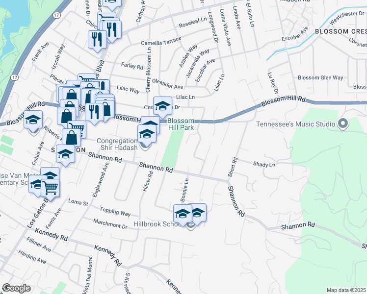 map of restaurants, bars, coffee shops, grocery stores, and more near 141 Fairmead Lane in Los Gatos