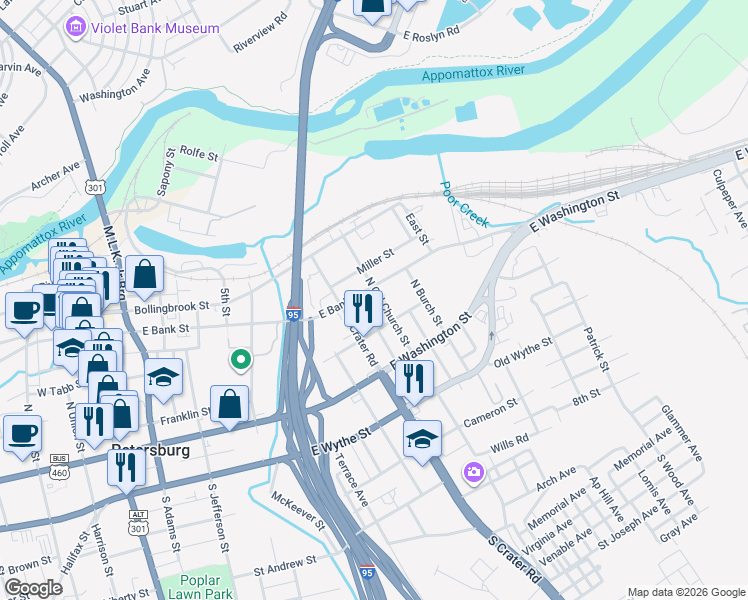 map of restaurants, bars, coffee shops, grocery stores, and more near 126 North Old Church Street in Petersburg