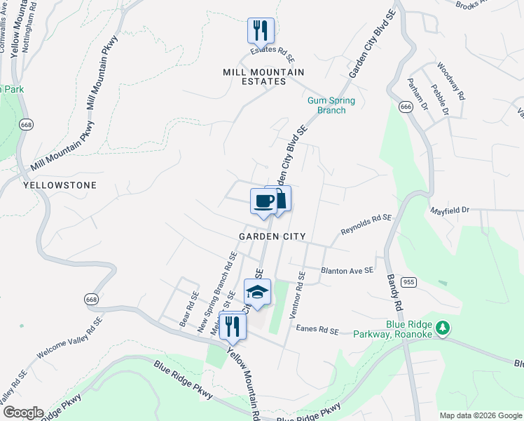 map of restaurants, bars, coffee shops, grocery stores, and more near 1213 Victory Rd SE in Roanoke