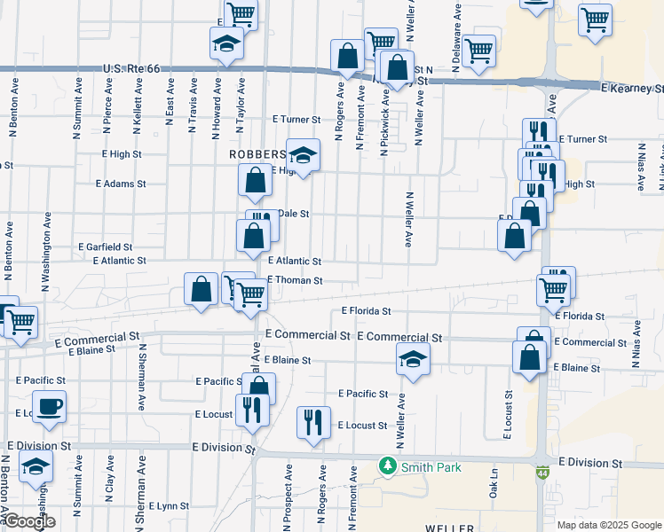 map of restaurants, bars, coffee shops, grocery stores, and more near 1334 East Atlantic Street in Springfield
