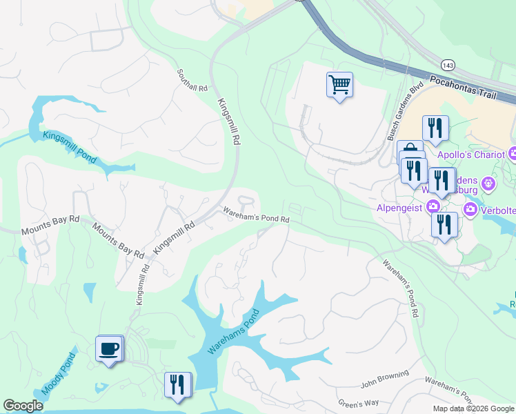 map of restaurants, bars, coffee shops, grocery stores, and more near 101 Harrops Glen in Williamsburg