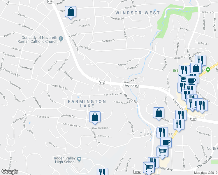 map of restaurants, bars, coffee shops, grocery stores, and more near 3029 Winterberry Drive in Cave Spring