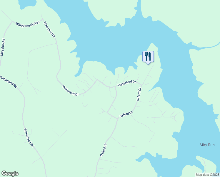 map of restaurants, bars, coffee shops, grocery stores, and more near 19021 Waterford Drive in Sutherland
