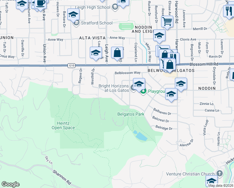map of restaurants, bars, coffee shops, grocery stores, and more near 188 Westhill Drive in Los Gatos