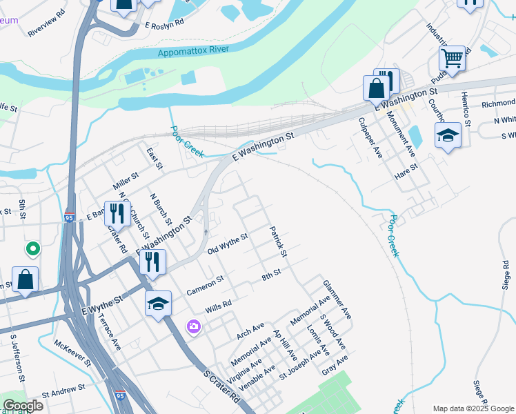map of restaurants, bars, coffee shops, grocery stores, and more near 1065 Sussex Street in Petersburg