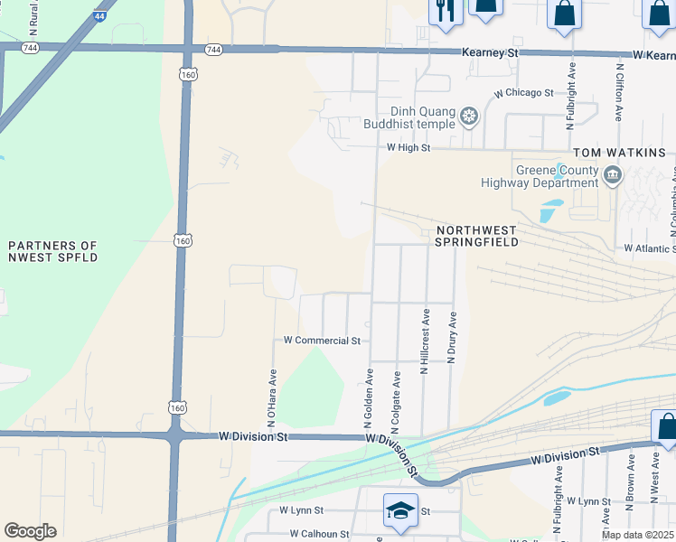 map of restaurants, bars, coffee shops, grocery stores, and more near 1915 North Golden Avenue in Springfield