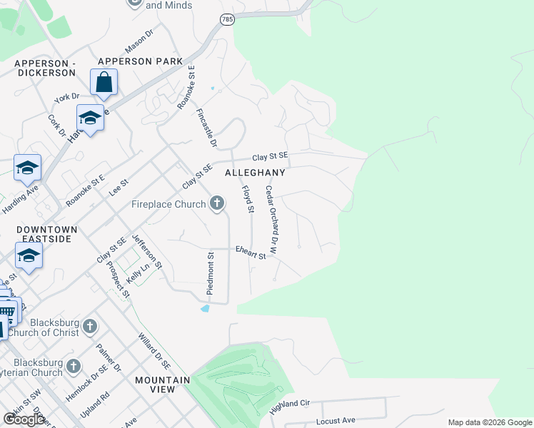 map of restaurants, bars, coffee shops, grocery stores, and more near 506 Cedar Orchard Drive West in Blacksburg