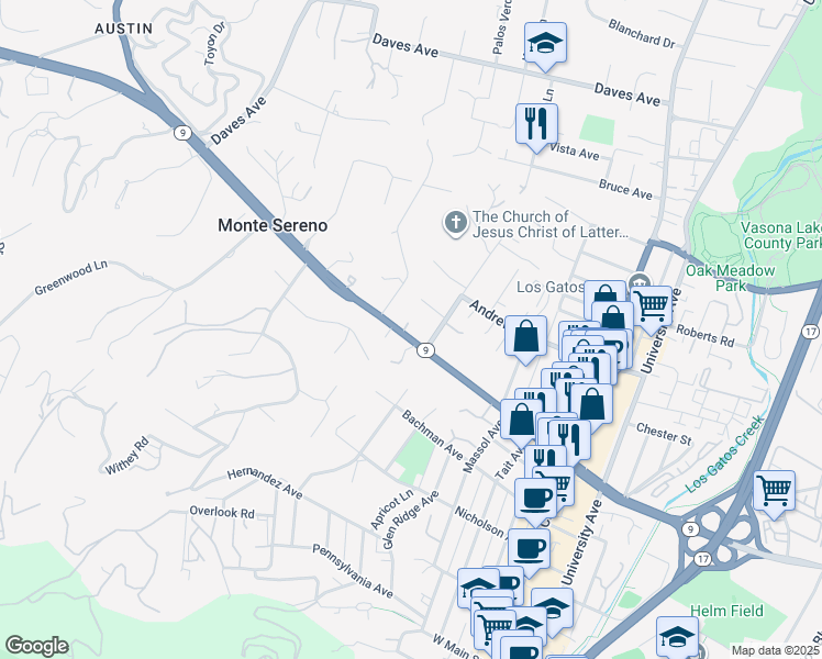 map of restaurants, bars, coffee shops, grocery stores, and more near 18071 Saratoga-Los Gatos Road in Monte Sereno