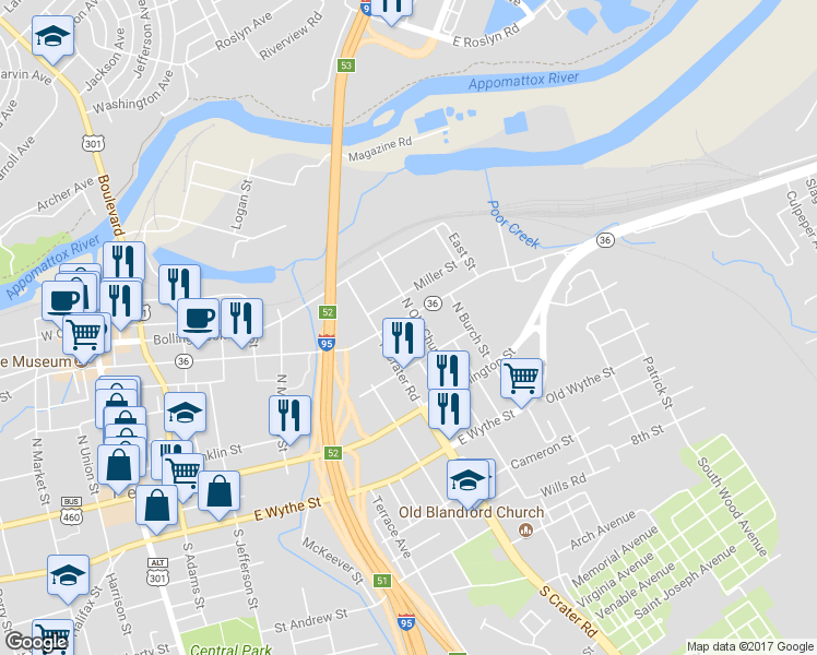 map of restaurants, bars, coffee shops, grocery stores, and more near 726 East Bank Street in Petersburg