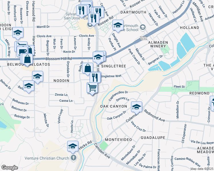 map of restaurants, bars, coffee shops, grocery stores, and more near 1580 Camden Village Circle in San Jose