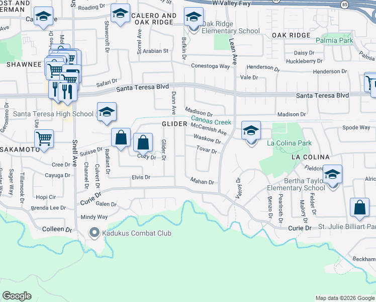 map of restaurants, bars, coffee shops, grocery stores, and more near 6244 Mahan Drive in San Jose