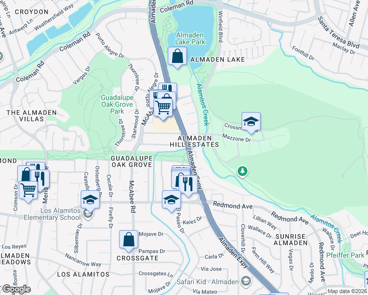 map of restaurants, bars, coffee shops, grocery stores, and more near 1102 Rhinecastle Way in San Jose