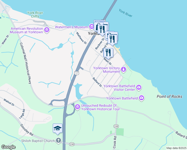 map of restaurants, bars, coffee shops, grocery stores, and more near 311 Ballard Street in Yorktown