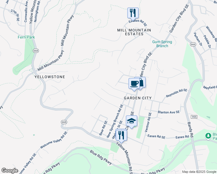 map of restaurants, bars, coffee shops, grocery stores, and more near 1033 Ray Road Southeast in Roanoke