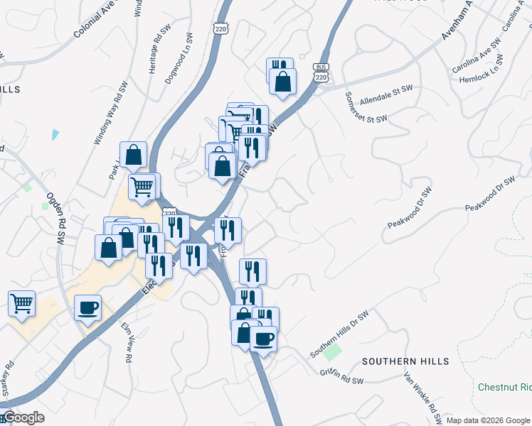 map of restaurants, bars, coffee shops, grocery stores, and more near 500 Darwin Road Southwest in Roanoke