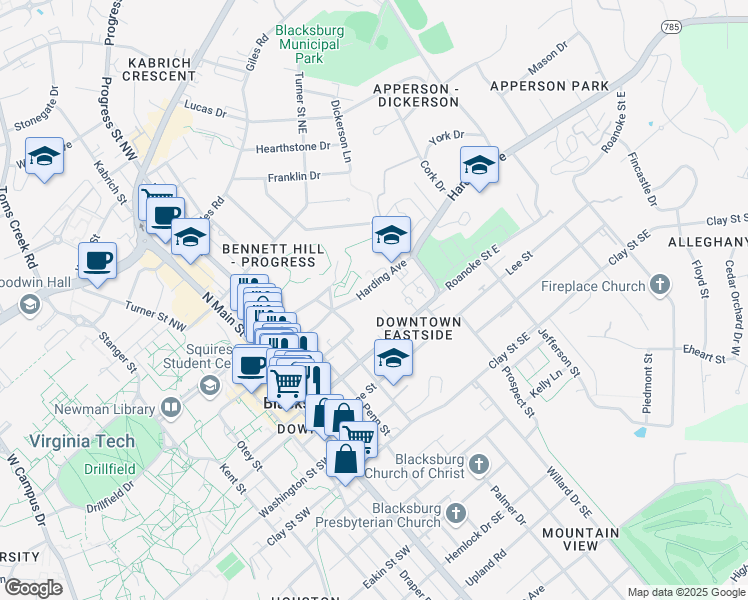 map of restaurants, bars, coffee shops, grocery stores, and more near 416 Harding Avenue in Blacksburg