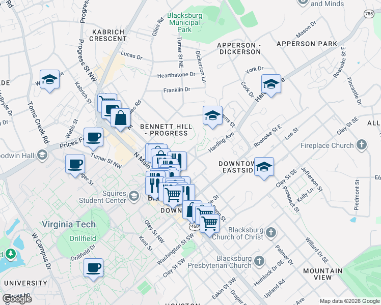 map of restaurants, bars, coffee shops, grocery stores, and more near 212 Wilson Avenue in Blacksburg