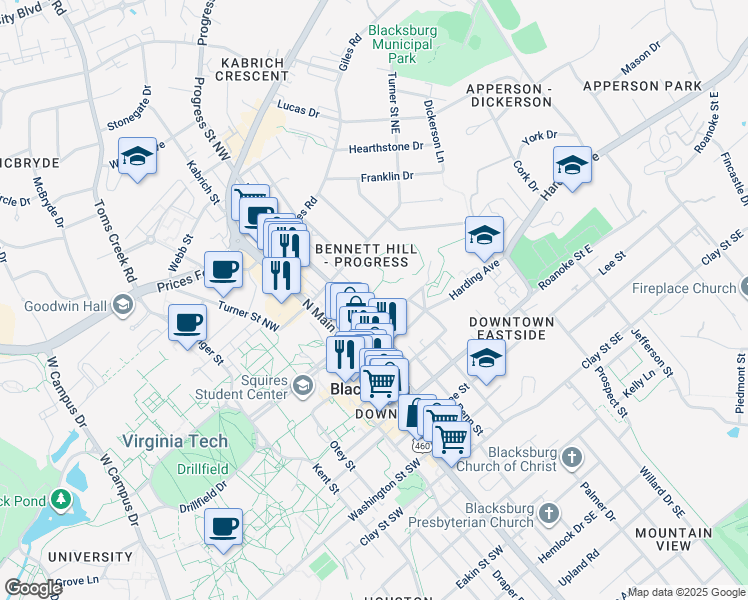 map of restaurants, bars, coffee shops, grocery stores, and more near 200 Faculty Street in Blacksburg