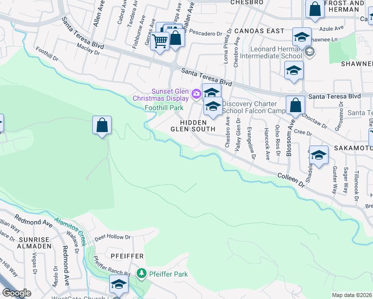 map of restaurants, bars, coffee shops, grocery stores, and more near 6219 Glendora Court in San Jose