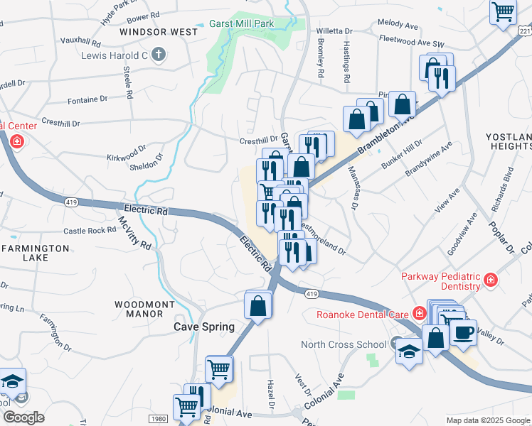 map of restaurants, bars, coffee shops, grocery stores, and more near 3971 Brambleton Avenue in Roanoke