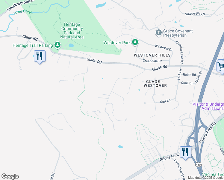 map of restaurants, bars, coffee shops, grocery stores, and more near Boxwood Drive in Blacksburg