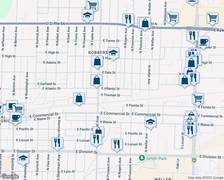 map of restaurants, bars, coffee shops, grocery stores, and more near 1250 East Atlantic Street in Springfield