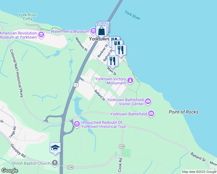 map of restaurants, bars, coffee shops, grocery stores, and more near 218 Nelson Street in Yorktown