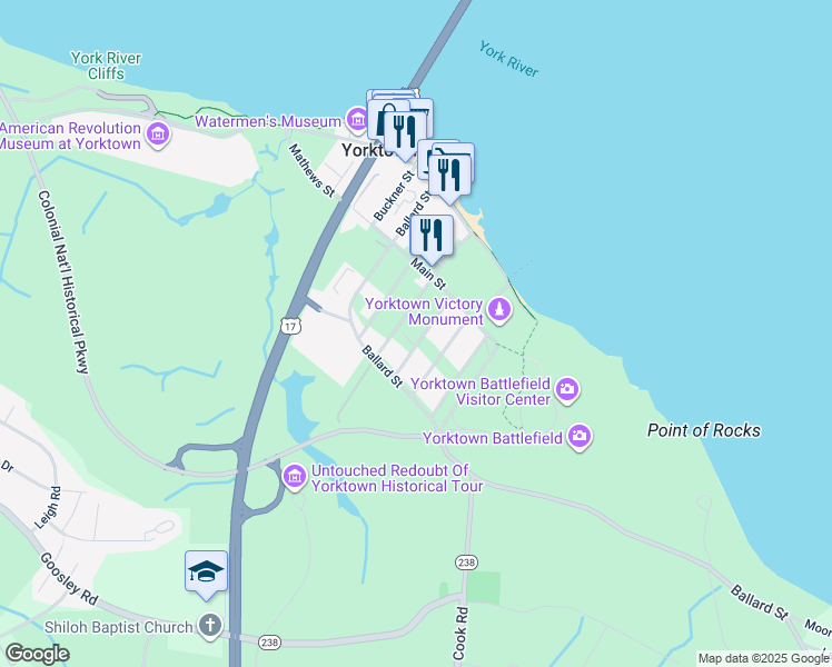 map of restaurants, bars, coffee shops, grocery stores, and more near 218 Nelson Street in Yorktown