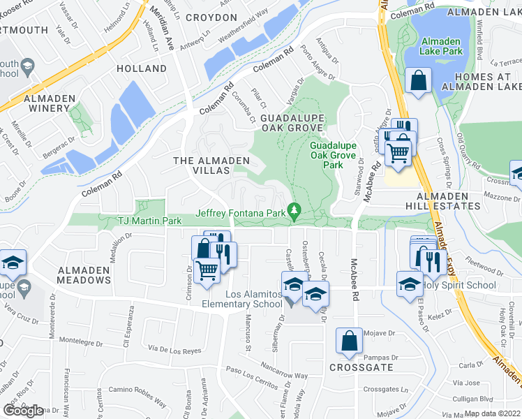 map of restaurants, bars, coffee shops, grocery stores, and more near 5993 Post Oak Circle in San Jose