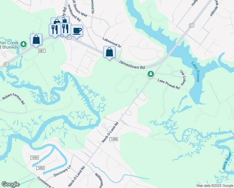 map of restaurants, bars, coffee shops, grocery stores, and more near 2664 Brownstone Circle in Williamsburg