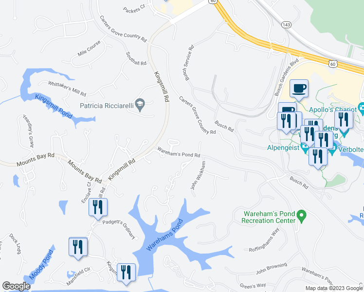 map of restaurants, bars, coffee shops, grocery stores, and more near 111 Harrops Glen in Williamsburg