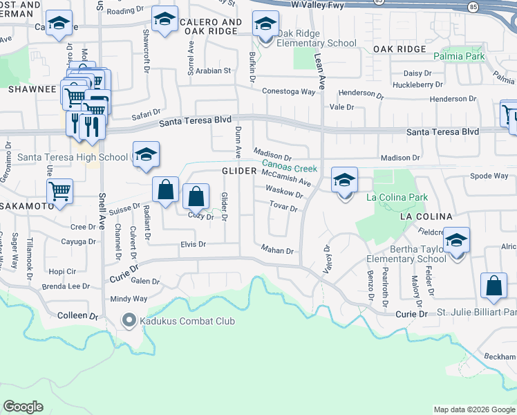 map of restaurants, bars, coffee shops, grocery stores, and more near 6244 Mahan Drive in San Jose