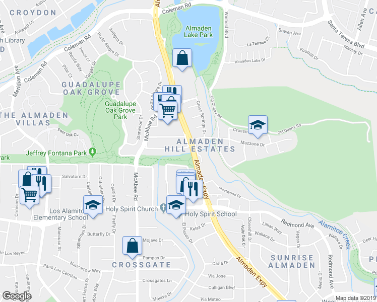 map of restaurants, bars, coffee shops, grocery stores, and more near 1102 Rhinecastle Way in San Jose