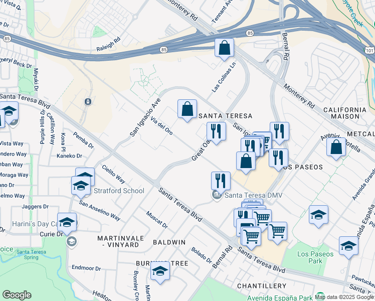 map of restaurants, bars, coffee shops, grocery stores, and more near 123 Great Oaks Boulevard in San Jose