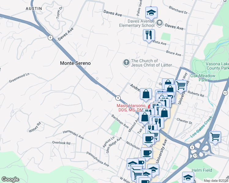 map of restaurants, bars, coffee shops, grocery stores, and more near 18061 Los Gatos-Saratoga Road in Monte Sereno