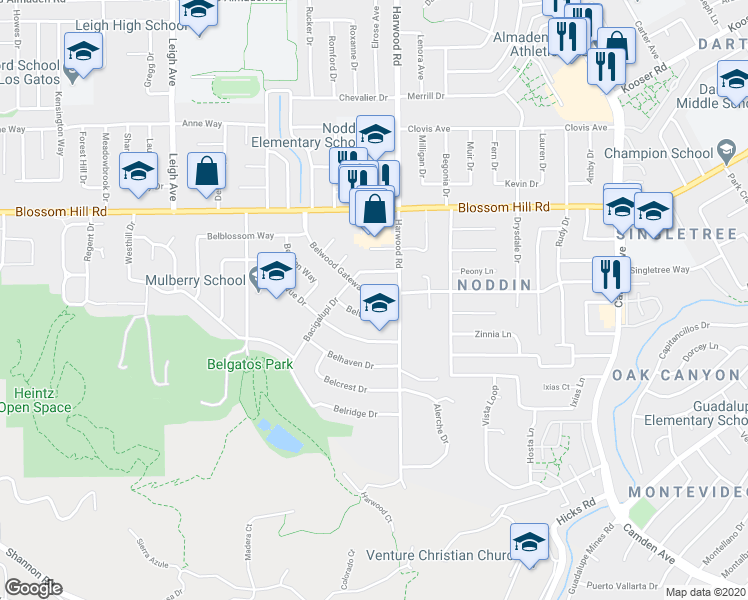 map of restaurants, bars, coffee shops, grocery stores, and more near 183 Belwood Gateway in Los Gatos