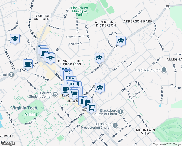 map of restaurants, bars, coffee shops, grocery stores, and more near 401 Harding Avenue in Blacksburg