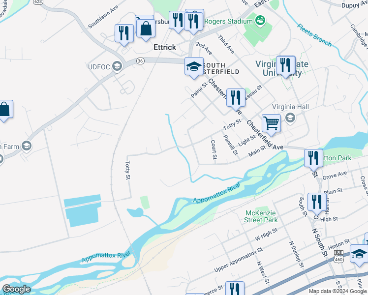 map of restaurants, bars, coffee shops, grocery stores, and more near 3811 Totty Street in Petersburg