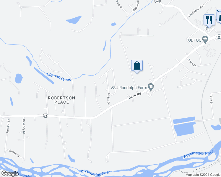map of restaurants, bars, coffee shops, grocery stores, and more near 21313 Trojan Drive in Petersburg