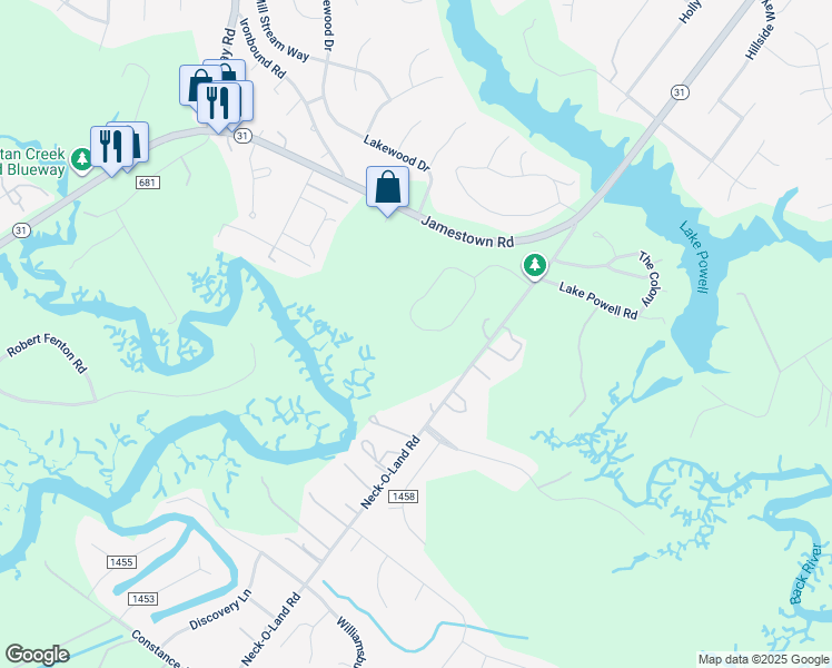 map of restaurants, bars, coffee shops, grocery stores, and more near 2664 Brownstone Circle in Williamsburg