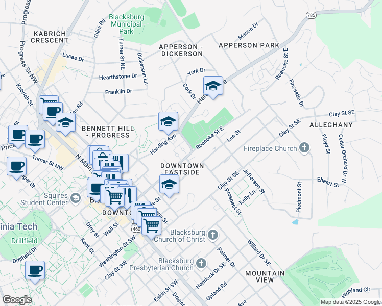 map of restaurants, bars, coffee shops, grocery stores, and more near 601 Roanoke Street East in Blacksburg