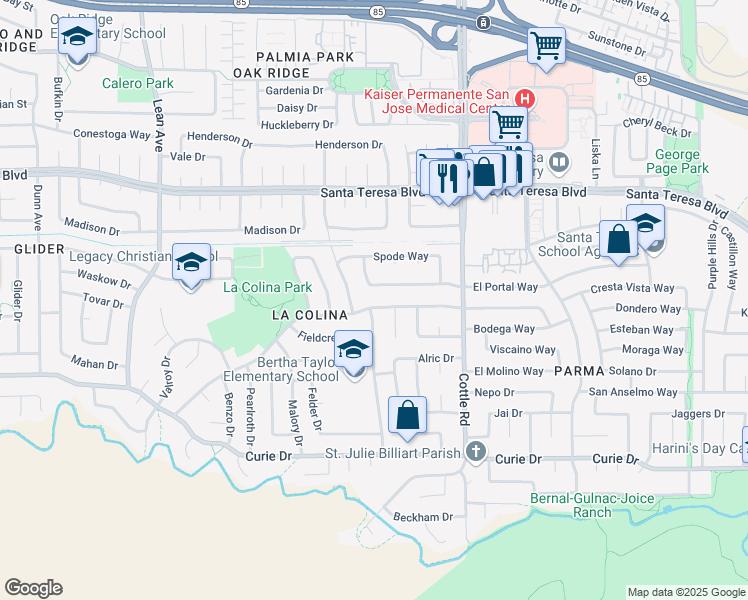map of restaurants, bars, coffee shops, grocery stores, and more near 379 Los Pinos Way in San Jose