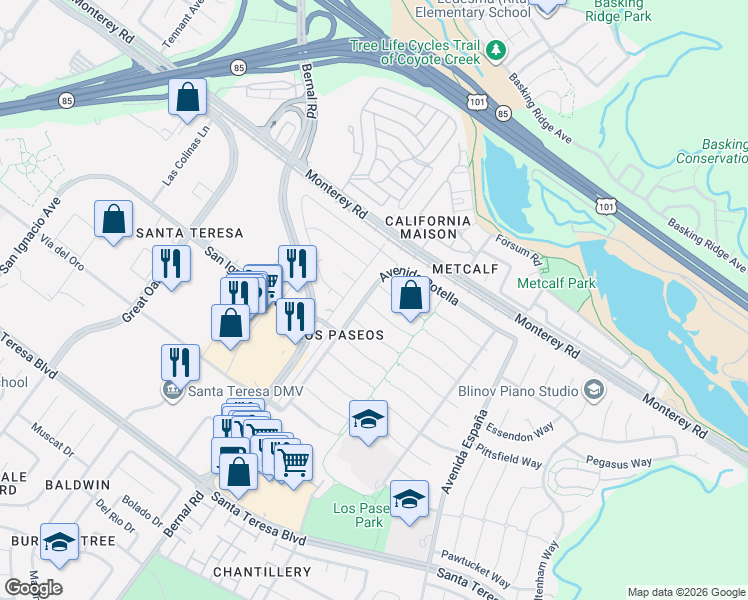 map of restaurants, bars, coffee shops, grocery stores, and more near 7021 Vía Blanca in San Jose