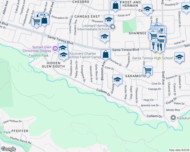 map of restaurants, bars, coffee shops, grocery stores, and more near 6231 Ocho Rios Drive in San Jose